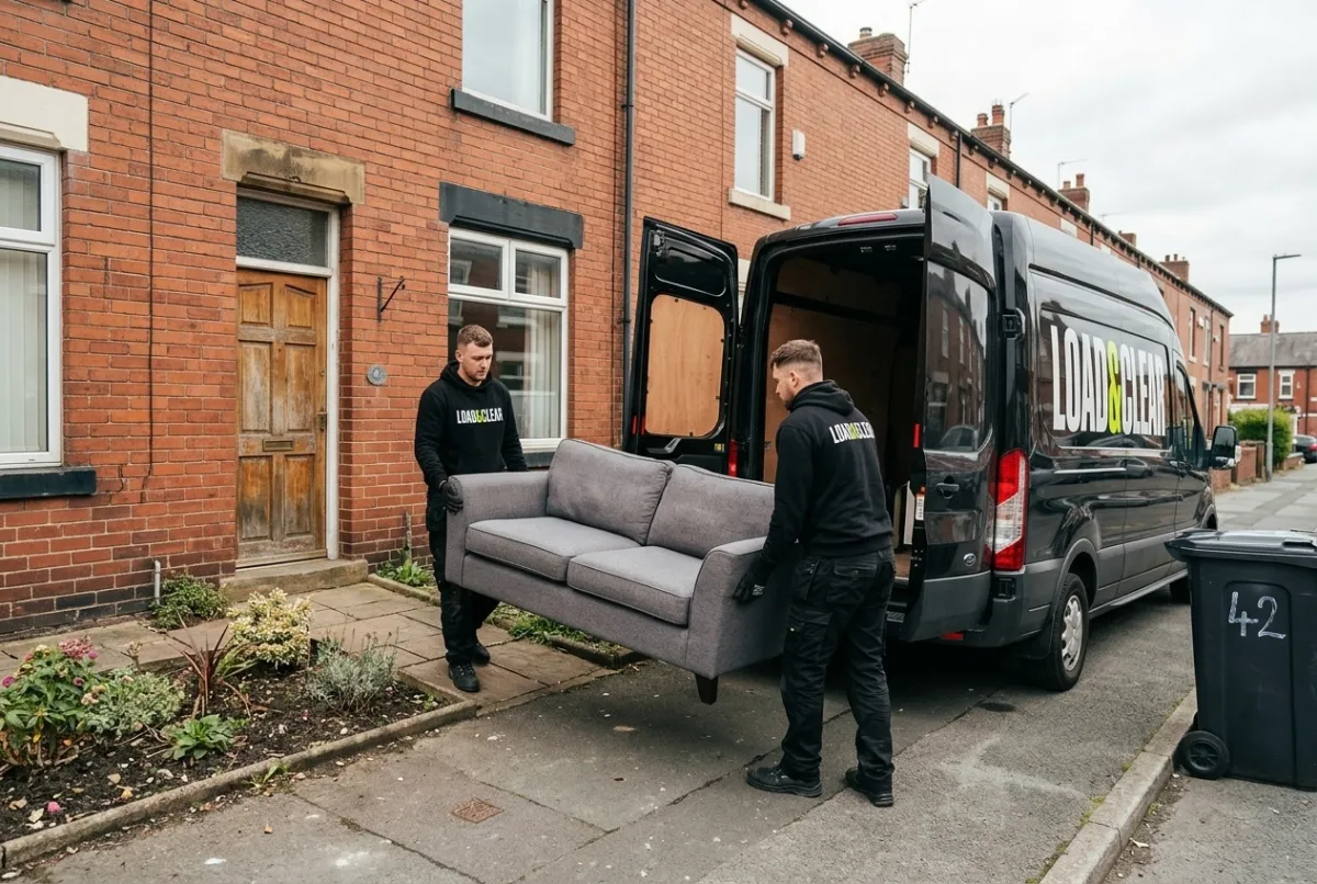 Two Load & Clear crew members carrying a sofa out of a Manchester property for single item collection
