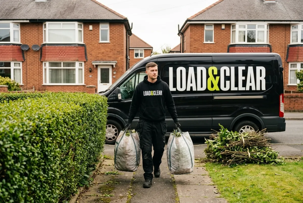 Load & Clear crew clearing green waste and branches from a back garden in Greater Manchester