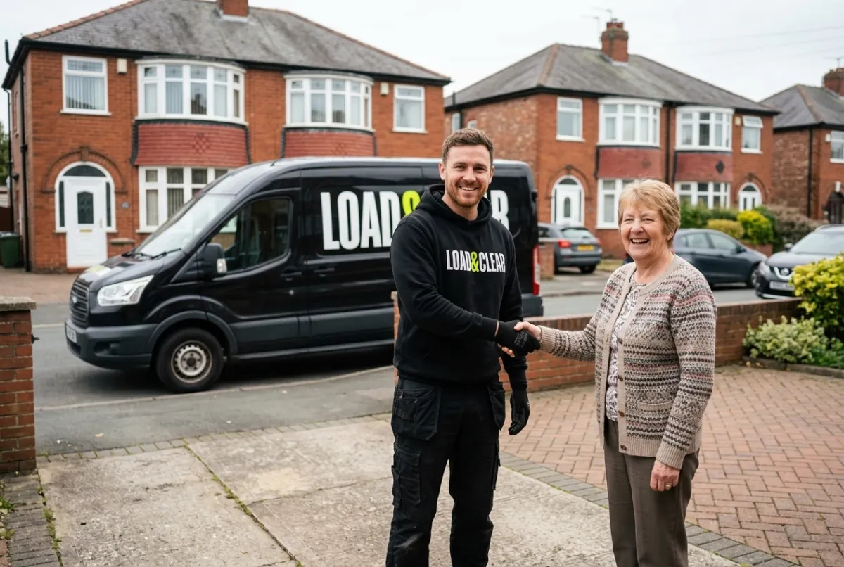 A Load & Clear crew member greeting a customer at the door before a house clearance in Greater Manchester