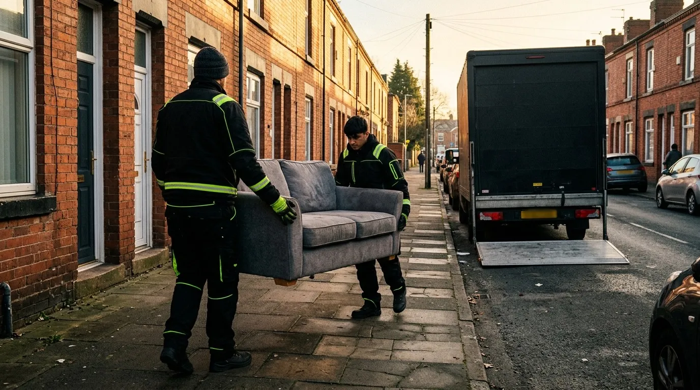 Load & Clear crew loading a sofa into a black Luton van on a Manchester terraced street