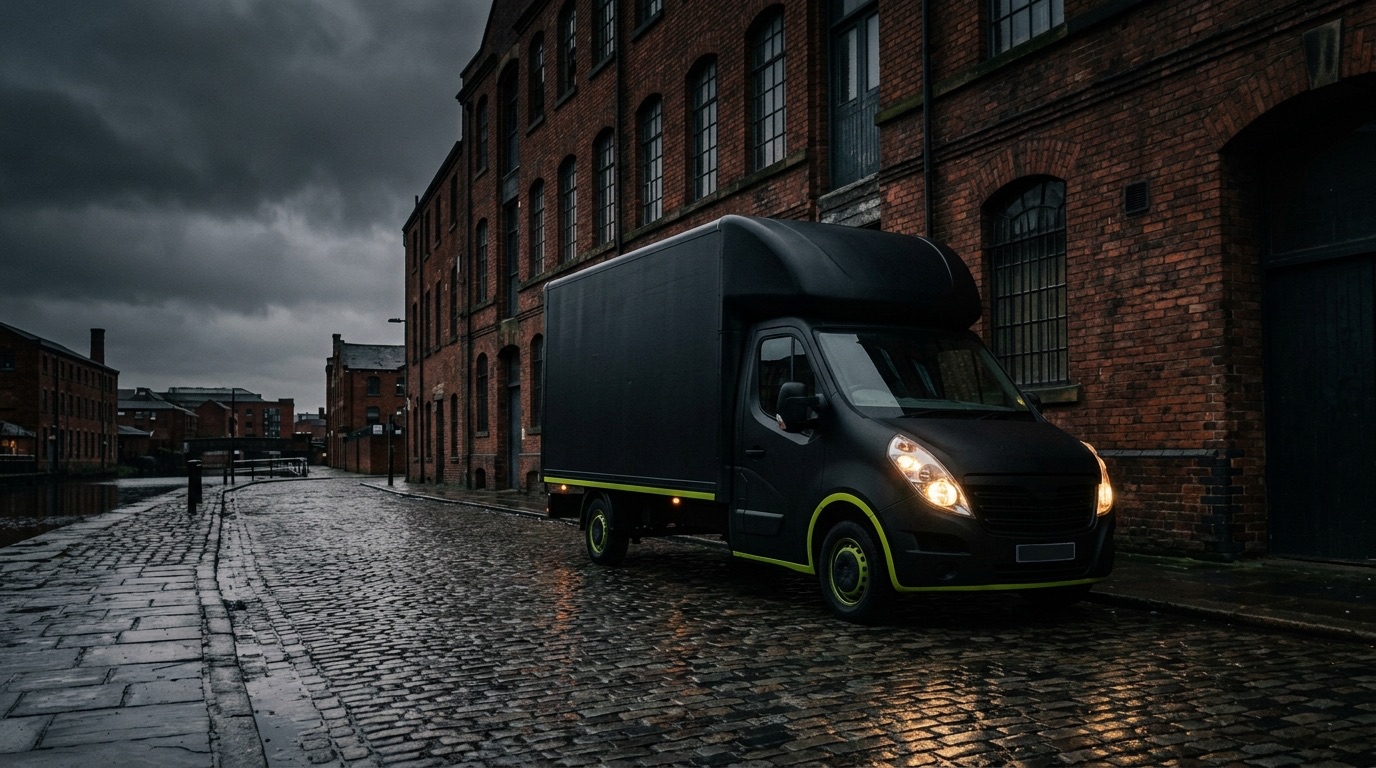 Load & Clear Luton van parked on a Manchester street under a dark evening sky