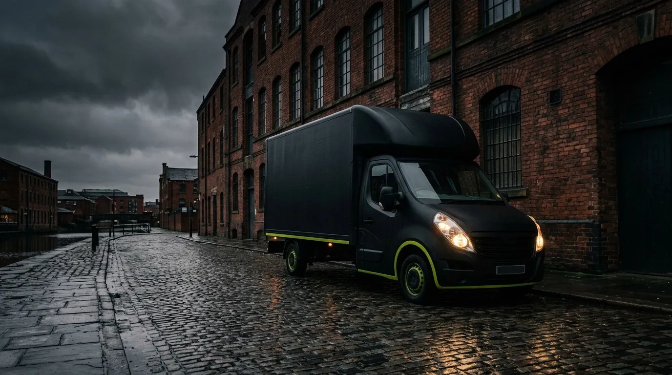 Load & Clear Luton van parked on a Manchester street under a dark evening sky