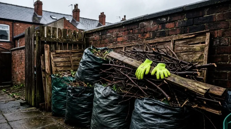 Garden waste, branches and old fencing cleared from a back garden