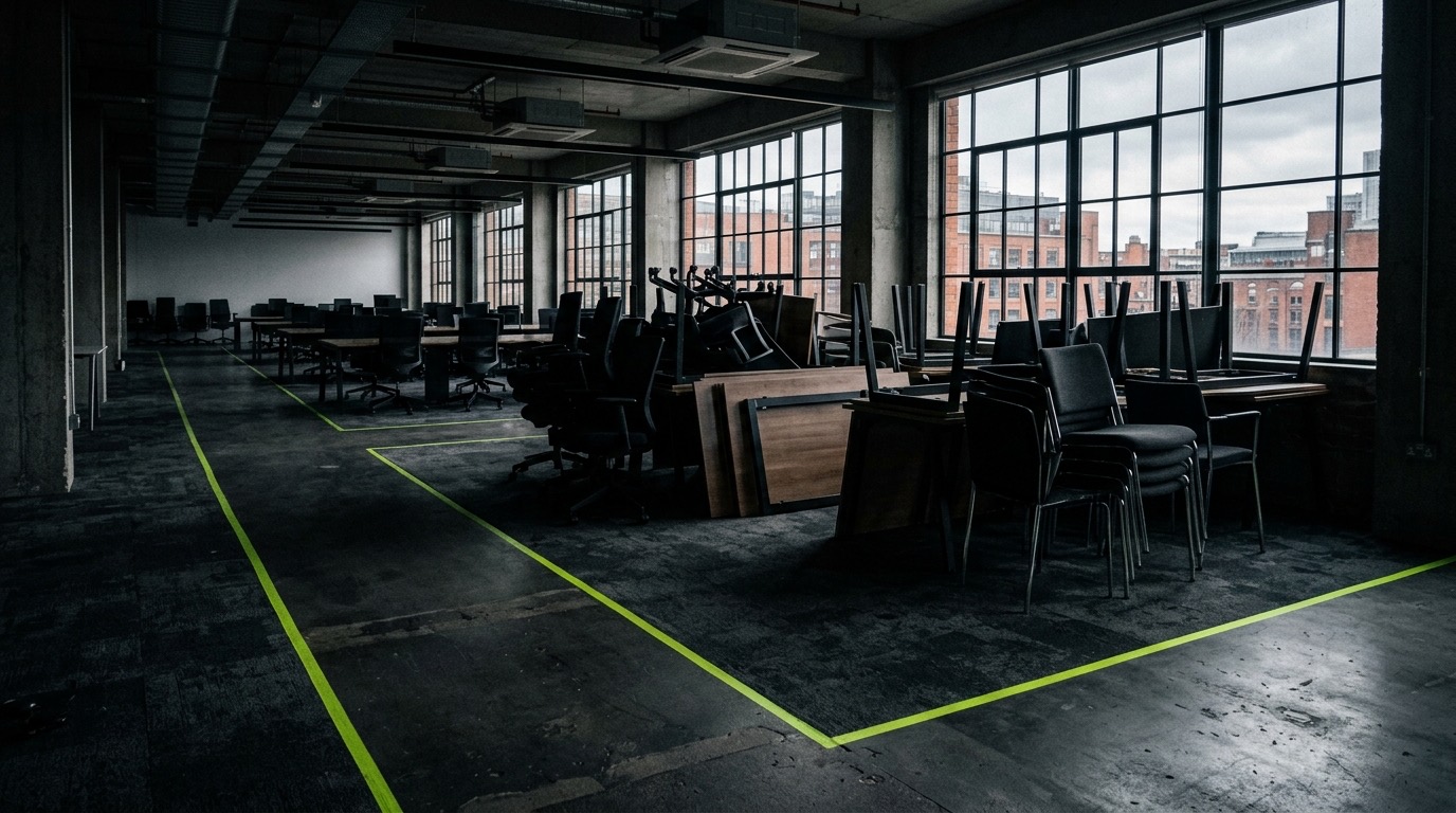 Office desks and equipment being cleared from a commercial unit
