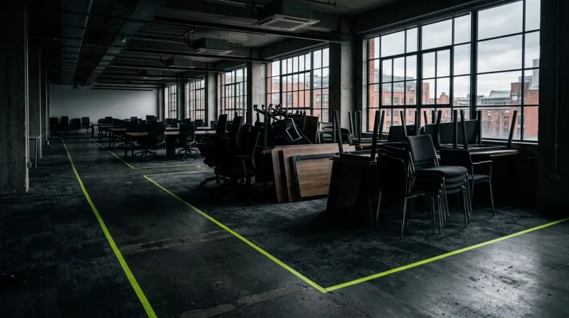 Office desks and equipment being cleared from a commercial unit