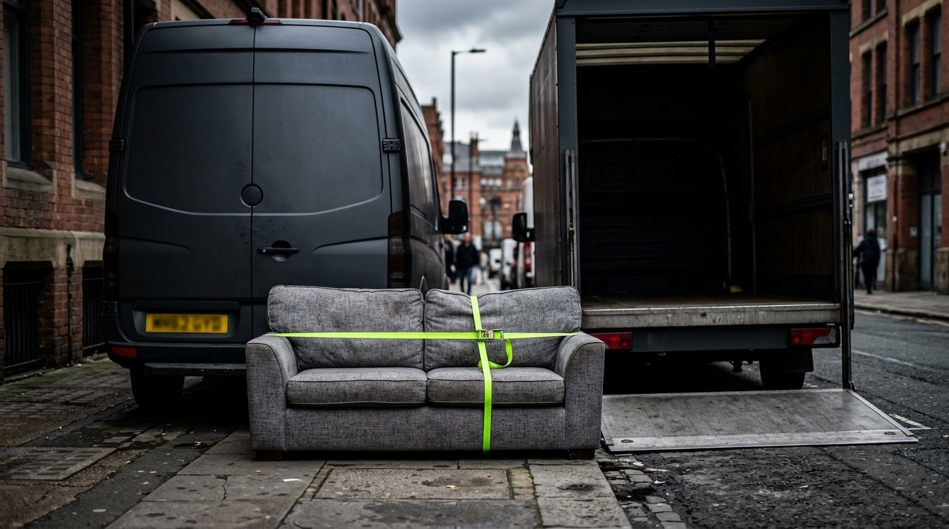Two crew members carrying a sofa out for single item collection