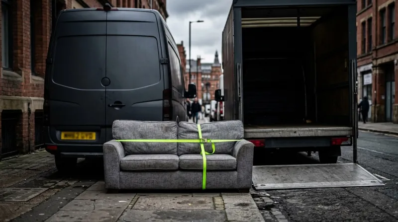 Two crew members carrying a sofa out for single item collection